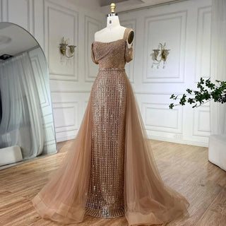 Gold Beaded Mermaid Evening Dress with Overskirt for Elegant Weddings and Parties