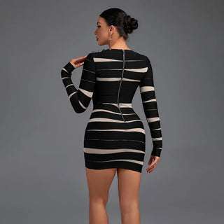 Ships in 1 to 3 Days - Patchwork Long Sleeve Dress Black Round Neck Bodycon Short Ladies Dress