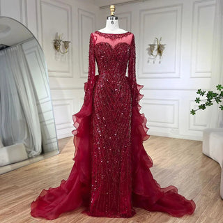 Fuchsia Mermaid Over Skirt Beaded Luxury Dubai Long Evening Dresses: Gowns for Women's Wedding Party 2024