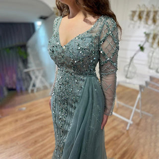 Ships in 1 to 3 Days - Turquoise High Split Mermaid Long Sleeves Evening Dress with Beading for Women Wedding Party