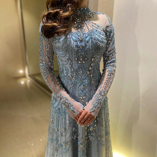 Ships in 1 to 3 Days - Opulent Arabic-Inspired A-Line Blue Lace Beaded Evening Gown For Women's Party