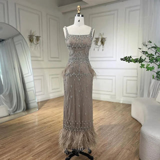 Caramel Mermaid Ankle-Length Evening Dress: 2024 Luxury Beaded Feather Gown for Women's Wedding Party