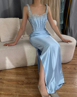 Saudi Blue Crystal Beaded Spaghetti Strap Mermaid Evening Dress Gown with Split for Formal Occasion