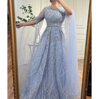 Blue Muslim A-Line Evening Dress 2024 with Cape Sleeves, Beaded Luxury - Ideal for Women's Wedding Party