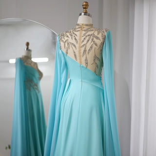 Luxury Crystal Turquoise Blue Evening Dress with Cap Sleeves: 2024 High Neck Arabic Women Wedding Party Dress