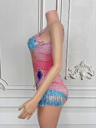 Vibrant Rhinestone Embellished Bodysuit with Fringe Detail