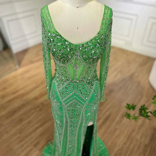 Ships in 1 to 3 Days - 2024 Dubai Arabia Luxury Beaded Evening Dress - Green Elegant Split Mermaid Gown for Women's Wedding Parties