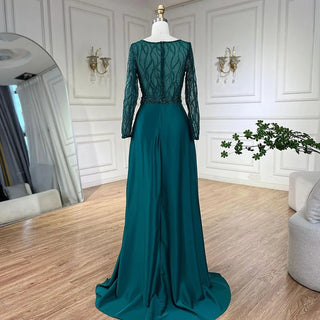 Arabic Green Mermaid Elegant Satin Lace Beaded Luxury Dubai Evening Dresses Gowns For Women Wedding Party