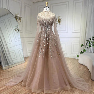 Caramel Dream: 2024 Luxury Evening Dress with Cape Sleeves - A-Line Beaded Lace Gown for Women's Wedding Party