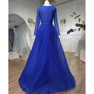 Ships in 1 to 3 Days - Muslim Royal Blue A-Line Sweetheart Beaded Evening Dress - Luxury Dubai Gown for Women Wedding Party