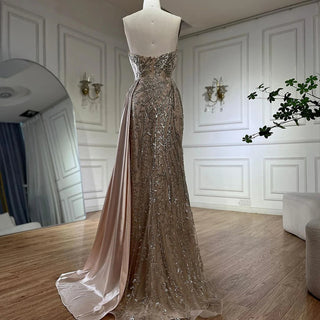 Ships in 1 to 3 Days - 2024 Arabic Gold Strapless Satin Mermaid Beaded Luxury Dubai Evening Gown with Side Skirt for Women's Party