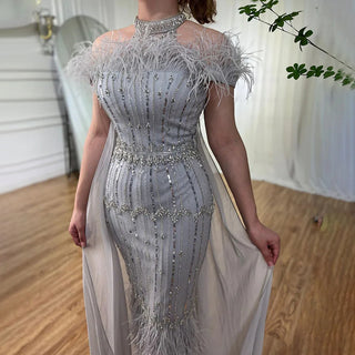 Gray Beaded Arabic Midi Ankle-Length Evening Dress with Cape Feather Gown: Elegant Attire for Women's Wedding Party 2024