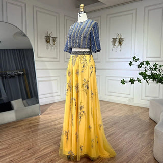 Ships in 1 to 3 Days - Luxury Dubai Blue Yellow 2-Piece Evening Dress - Elegant Long Formal Prom Gown for Women's Wedding Party