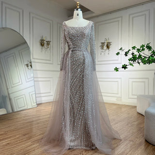 Arabic Dubai Silver Gray Mermaid Evening Dress - 2025 Luxury Beaded Gown with Detachable Skirt for Women's Party