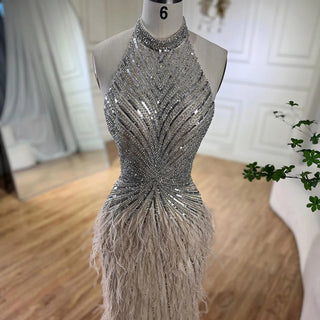 Dubai Halter Beige Feathers Beaded Formal Luxury Mermaid Evening Dress for Women Wedding Party 2024