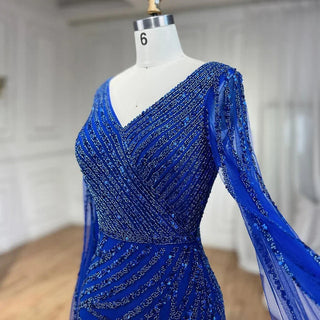 Arabic Mermaid Blue Beaded Elegant Cape Sleeves Luxury Evening Dress Gown for Women Wedding Party 2024