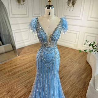 Luxury Dubai Blue Strapless Mermaid Evening Dresses Gowns with Pearls and Feathers Beaded for Women Wedding Party