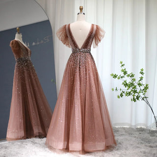 Sparkling Beaded Brown Luxury Dubai Evening Dress for Women's Wedding: Elegant V-Neck Long Formal Party Gown