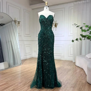 Ships in 1 to 3 Days - Green Mermaid High Split Spaghetti Strap Evening Dress: 2024 Feather Beaded Gown for Women's Party