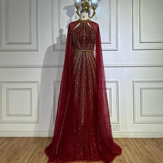 Wine Red Beaded Mermaid Saudi Evening Dress with Cape for Formal Occasion