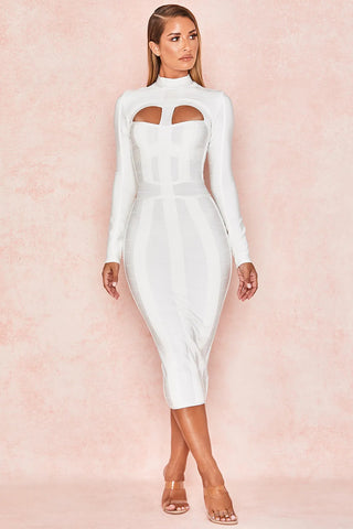 High-Quality Long Sleeve White Bandage Dress - Elegant Mid-Length Bodycon Casual Dress