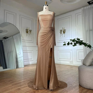 2025 Nude Elegant High-Split Beaded Mermaid Saudi Arabic Evening Gown for Formal Occasions