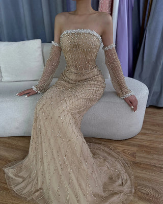 White Nude Arabic Beaded Evening Gown with Elegant Gloves for Formal Occasion