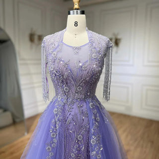 Ships in 1 to 3 Days - 2024 Arabic Lilac Elegant A-Line Beaded Tassel Luxury Dubai Evening Dresses Gowns for Woman Wedding Party