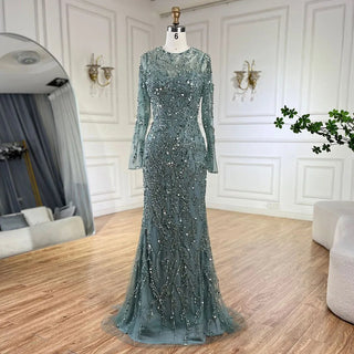 Ships in 1 to 3 Days - Arabic Turquoise Mermaid Gown with Tulle Overskirt and Beaded | Evening Gowns for Women - Wedding Party