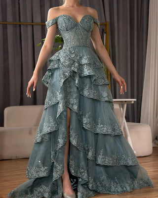 Ships in 1 to 3 Days - 2024 Arabic Turquoise Shoulder Strap Evening Gown - Tiered Beaded Dress with Front Split for Formal Occasions