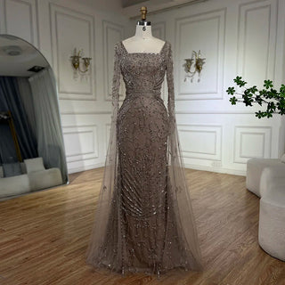 Ships in 1 to 3 Days - 2024 Arabic Caramel Mermaid Long Evening Dress with Beaded Cape Sleeves Gown for Women's Wedding Party