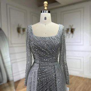 Arabic Dubai Silver Gray Mermaid Evening Dress - 2024 Luxury Beaded Gown with Detachable Skirt for Women's Party