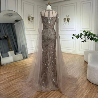 Ships in 1 to 3 Days - 2024 Arabic Caramel Mermaid Evening Dress with Beaded Elegant Cape Sleeves Gown for Women's Wedding Party