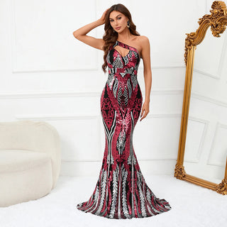 Elegant Slash Neck Sequin Evening Dress - Long Party Maxi Dress for Women