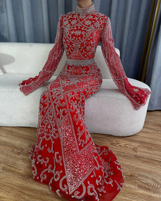 2025 Muslim Red Mermaid Evening Dress - Beaded Cape Sleeves Gown for Formal Occasions