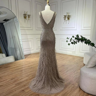 Luxury Dubai Caramel Spaghetti Strap Evening Dresses with Feathers For Women’s Wedding Party