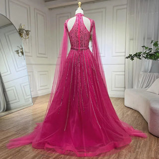 Arabic Fuchsia A-Line Cap Sleeve Beaded Luxury Dubai Evening Dress - Gown for Women's Wedding Party 2024