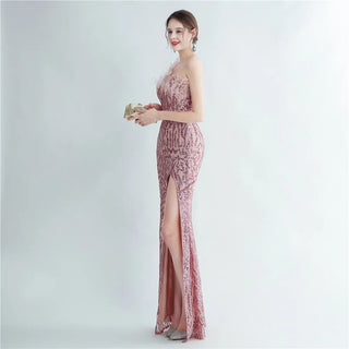 Elegant Slash Neck Feather Sequin Evening Dress for Women Beading Long Party Maxi Dress