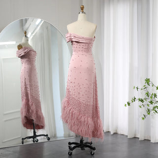 Luxury Dubai Pink Mermaid Evening Dress with Feathers: Perfect for Women's Sage Green Wedding and One-Shoulder Arabic Party Gowns (2024)