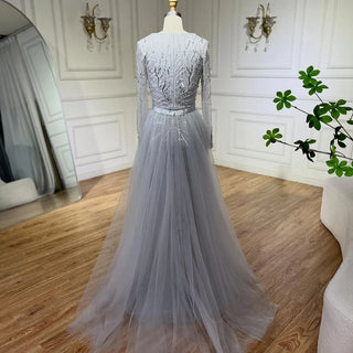 Ships in 1 to 3 Days - 2024 Dubai Gray Long Sleeves Mermaid Beaded Arabic Luxury Evening Dress: Gowns for Women's Wedding Party