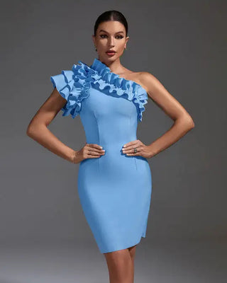 Vestidos De Noche Cut-Out Ruffle Neck One-Shoulder Mini Bandage Dress - Light Blue Bodycon Short Evening Dress