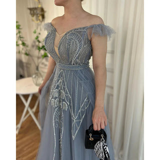 Elegant Blue Arabic Evening Dresses with Overskirt: Luxury Dubai Crystal Pink Formal Dress for Women's Wedding