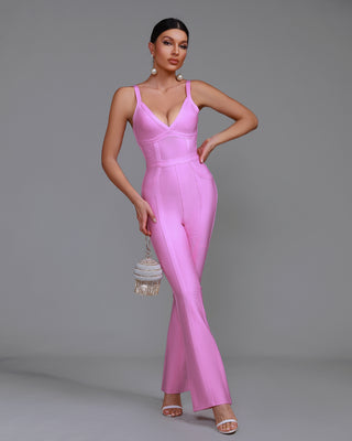 Ships in 1 to 3 Days -Sleek Satin V-Neck Jumpsuit with Wide-Leg Design