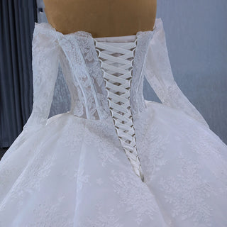 Elegant Off Shoulder Lace Fabric Ball Gown Women's Wedding Dresses