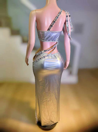 One-Shoulder Crystal-Encrusted Evening Gown with High Slit