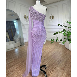 Lilac Mermaid Elegant One-Shoulder High Split Beaded Evening Dress - Women's Wedding Party 2024