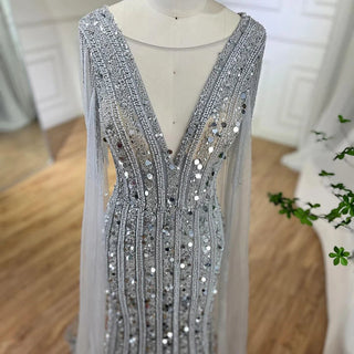 Arabic Charcoal: 2024 Gray Mermaid Evening Dress with Elegant Cape Sleeves - Luxury Beaded Gown for Women's Wedding Party