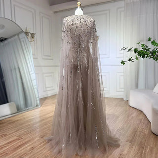 Ships in 1 to 3 Days – Dubai's Luxe Elegance: Sage Green Evening Dresses with Cape, Fuchsia Crystal, and Gold Accents for Women's Weddings and Formal Parties (2024)