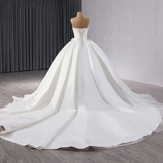 Beach Long Tail Satin Fabric Tulle Wedding Ball Gown Dress