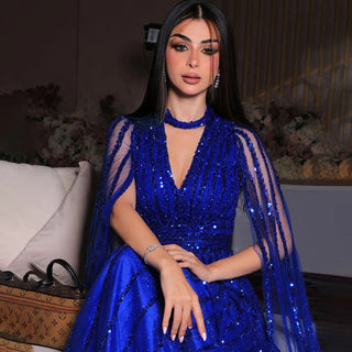 Arabic Blue A-Line Elegant Evening Dress: Luxurious Cape Sleeves with Beaded Embellishments for Women's Wedding Party 2024